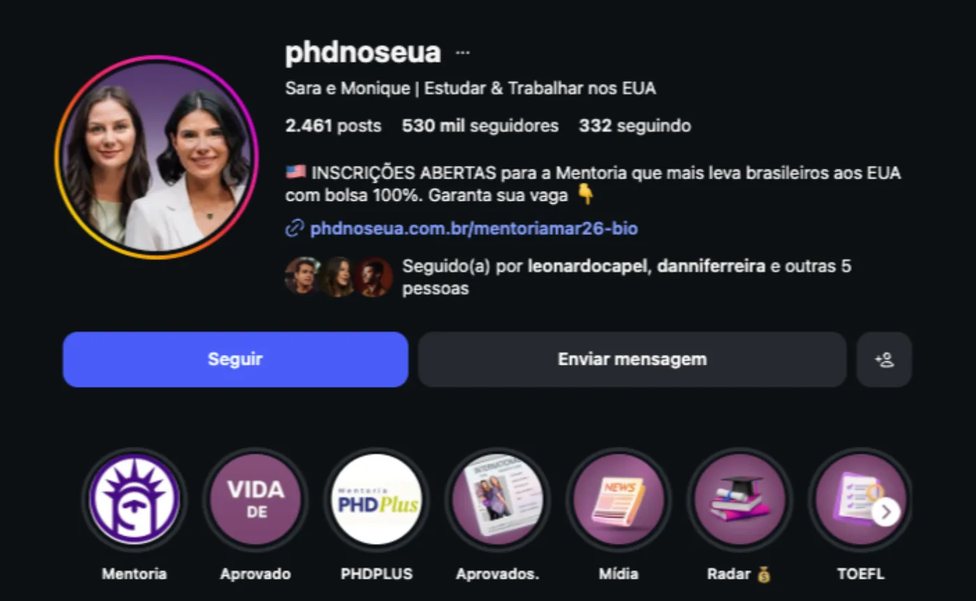 Perfil do Instagram PHD nos EUA — 530 mil seguidores
