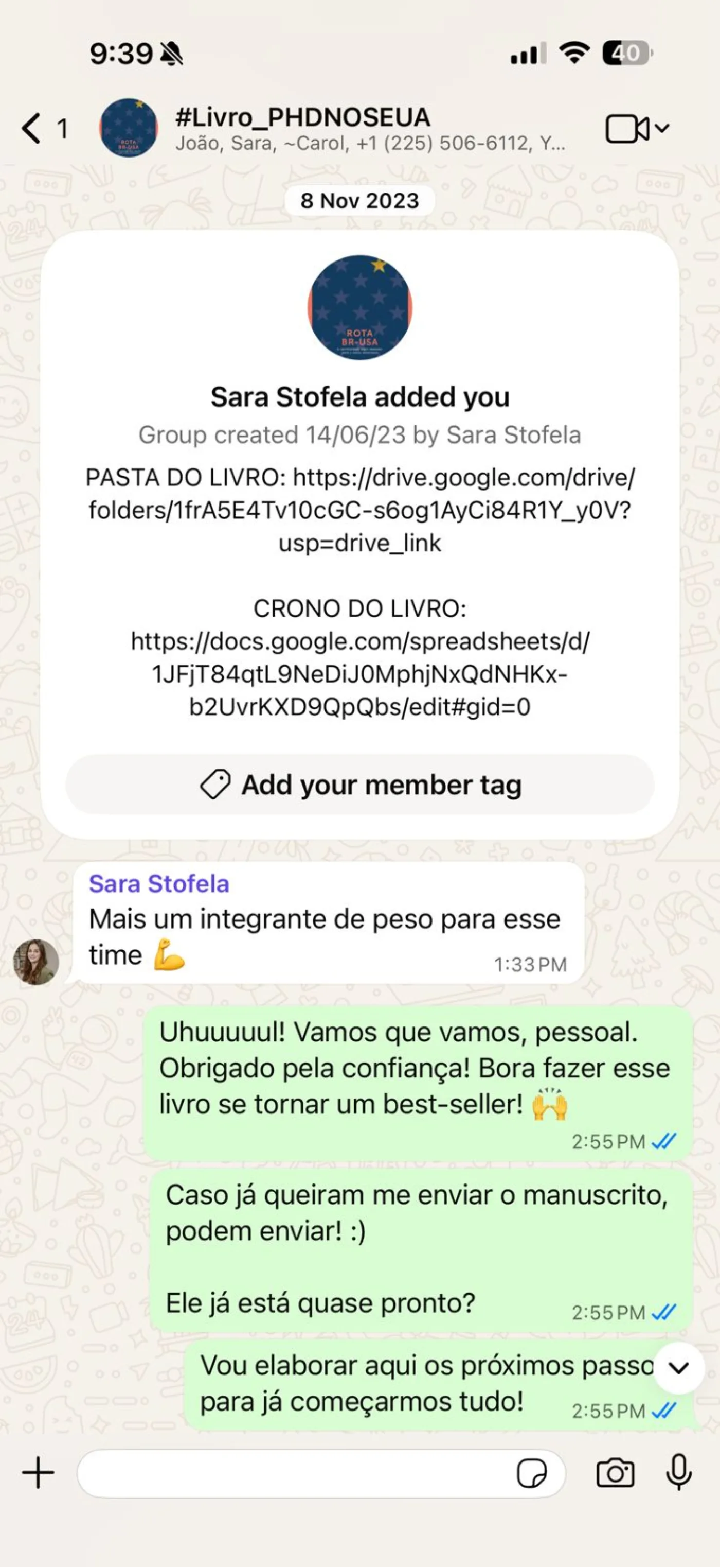 Entrada de Leo no grupo de WhatsApp do projeto